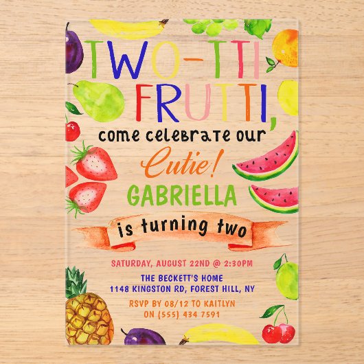 Invitations En Acrylique Deux tti Frutti 2e anniversaire (Recto)