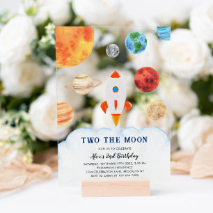 Invitations En Acrylique DEUX VERS LA LUNE Fusée spatiale Enfants Anniversa