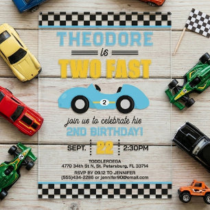 Invitations En Acrylique Deux Voiture de Course Rapide 2ème Anniversaire