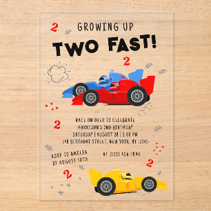 Invitations En Acrylique Deux voitures de course pour enfants de 2e anniver
