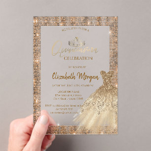 Invitations En Acrylique Diadème de robe verte chic or, diamants Quinceañer