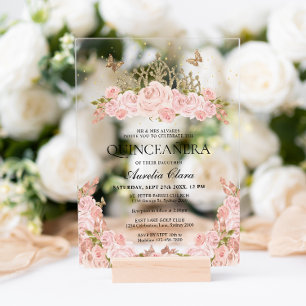 Invitations En Acrylique Diadème élégant en rose blush floral or Quinceaner