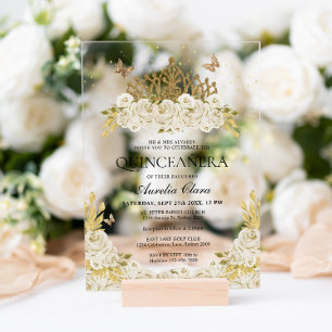 Invitations En Acrylique Diadème élégant glamour blanc floral or Quinceaner