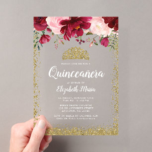 Invitations En Acrylique Diadème Floral Bourgogne Rose Quinceanera