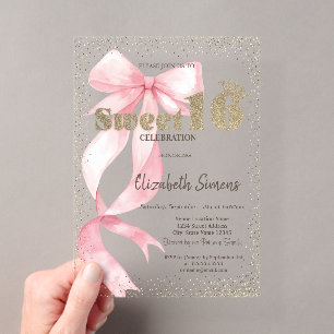 Invitations En Acrylique Diadème Pailleté,Confettis,Ruban Rose Sweet 16