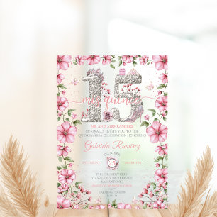 Invitations En Acrylique Diadème Rose Pâle et Argent Mis Quince Quinceañera
