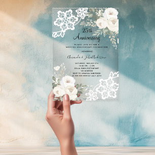 Invitations En Acrylique Diamant de dentelle florale blanche 25e anniversai