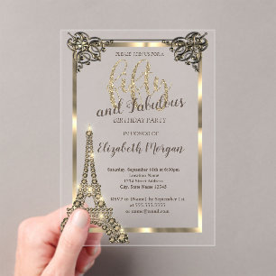 Invitations En Acrylique Diamants de Luxe Tour Eiffel, Bordure 50e Annivers