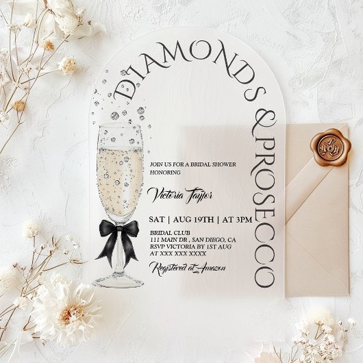 Invitations En Acrylique Diamants & Prosecco Elegant Bow Fête des mariées