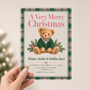 Invitations En Acrylique Dîner de Noël à carreaux avec un ours en peluche c
