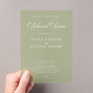 Invitations En Acrylique Dîner de répétition de calligraphie verte ivoire c