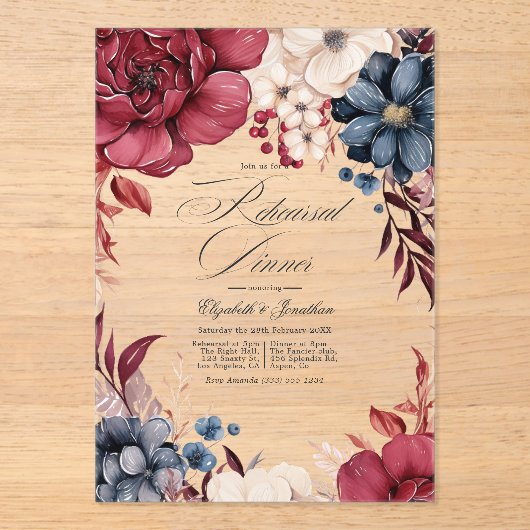 Invitations En Acrylique Dîner de répétition florale Boho Burgundy et Navy (Recto)