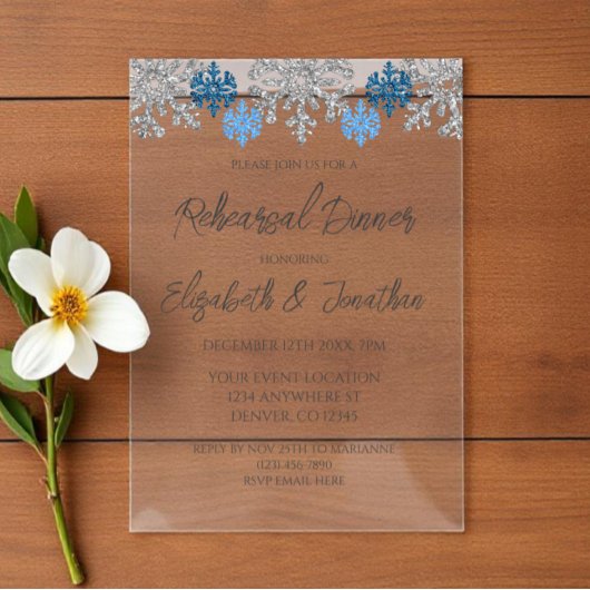 Invitations En Acrylique Dîner de répétition hivernal Silver Blue Snowflake