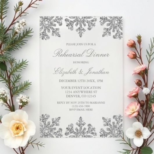 Invitations En Acrylique Dîner de répétition hivernale Silver Snowflake