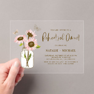 Invitations En Acrylique Dîner de répétition Mason Jar aux tournesols roses