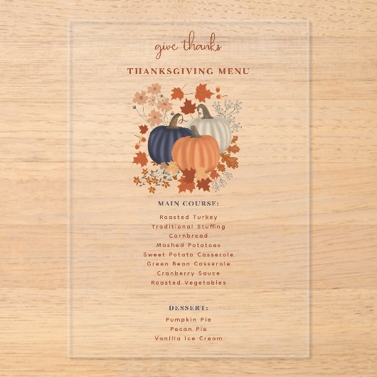 Invitations En Acrylique Dîner de Thanksgiving citrouille Menu (Recto)