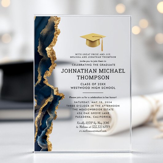 Invitations En Acrylique Diplôme Agate Bleu Or Diplôme