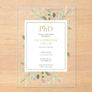 Invitations En Acrylique Diplôme de doctorat Aquarelle Floral de verdure Gr