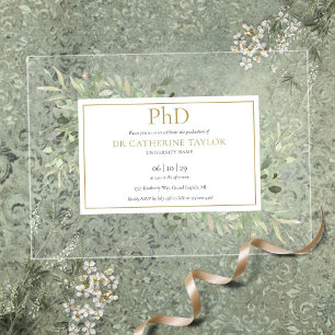 Invitations En Acrylique Diplôme de doctorat Floral Végétal Or Graduation