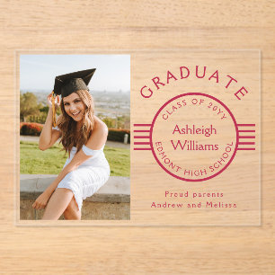 Invitations En Acrylique Diplômé en photo moderne Magenta Stripes Graduatio