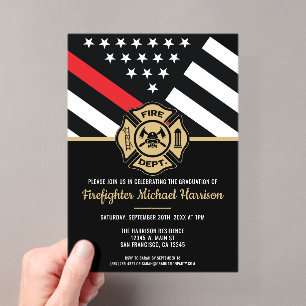 Invitations En Acrylique Diplômé Pompiers Drapeau Ligne Rouge