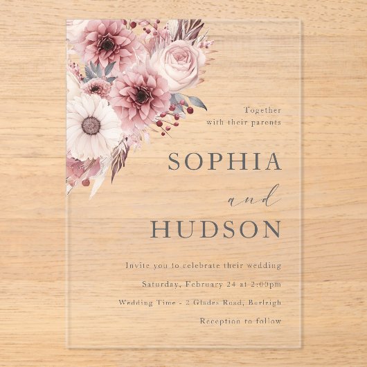 Invitations En Acrylique Divine Boho Blush & Mariage Rose (Recto)