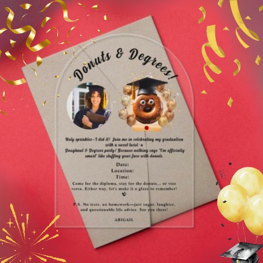 Invitations En Acrylique Donuts et Degrees Photo Graduation Party
