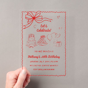 Invitations En Acrylique Doodle Dessin à la main Rose Rouge Coquette Annive