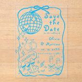Invitations En Acrylique Doodle Illustré À La Main Mariage Bleu Enregistrer (Recto)