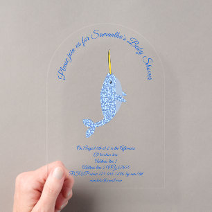 Invitations En Acrylique Douce Baleine Narval Bébé Garçon Bleu Cadeau Baby