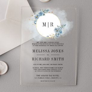 Invitations En Acrylique Douce Bleu Floral Poussiéreux de Mariage