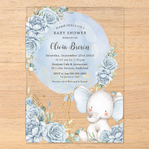 Invitations En Acrylique Douce éléphant ballon floral bleu garçon Baby Show