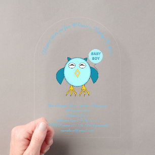 Invitations En Acrylique Douce Hibou Garçon Bébé Bleu Personnalisé Acryliqu