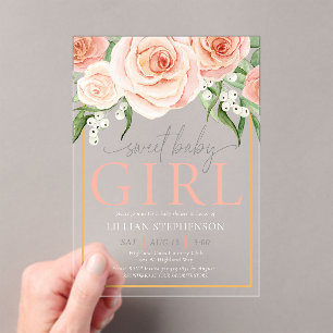 Invitations En Acrylique Douce Petite Fille Elégant Rose Florale Rose Blush