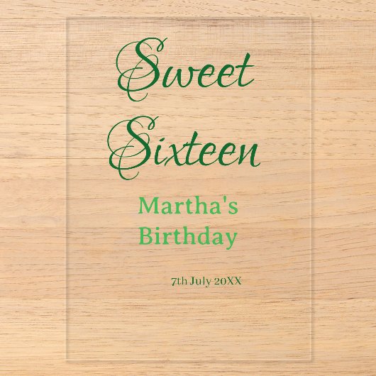 Invitations En Acrylique Douce Seize vert nom date calligraphie boho ret (Recto)