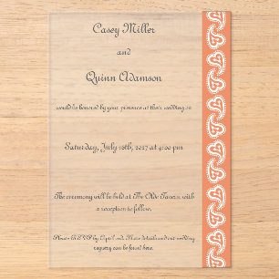 Invitations En Acrylique Douces Cœurs Paisley en Corail Mariage Acrylique