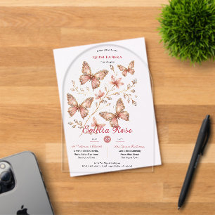 Invitations En Acrylique Douces papillons de 15 ans QUINCEANERA rose poudré