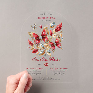 Invitations En Acrylique Douces papillons QUINCEANERA Carte Rouge Diamant