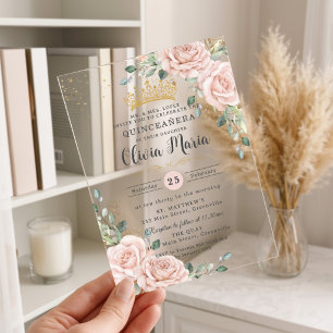 Invitations En Acrylique Douces Roses Rose Pâle Floral Quinceanera Or