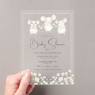 Invitations En Acrylique Douces Souris & Marguerites Rose Baby Shower