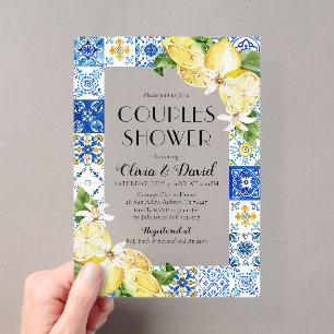 Invitations En Acrylique Douche de couple été Positano carreaux bleus citro