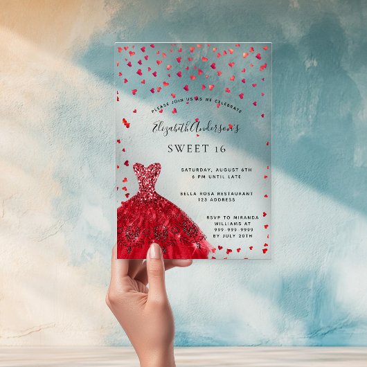 Invitations En Acrylique Doux 16 coeurs de robe rouge clair