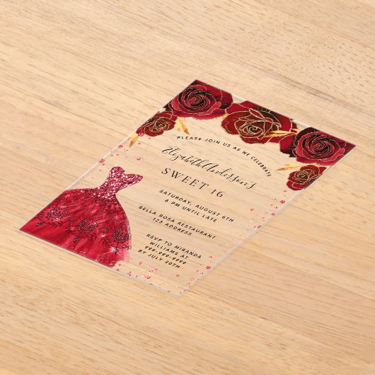 Invitations En Acrylique Doux 16 roses rouges robe parties scintillant clai (Poser)