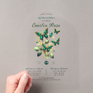 Invitations En Acrylique Douze15 Papillons QUINCEANERA Émeraude Vert Or