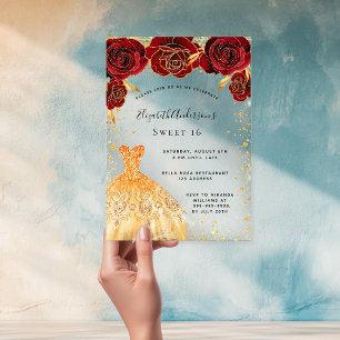 Invitations En Acrylique Douze ans douce seize roses rouges robe dorée pail