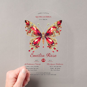 Invitations En Acrylique Douze Ans Papillons QUINCEANERA Carte Rouge Diaman