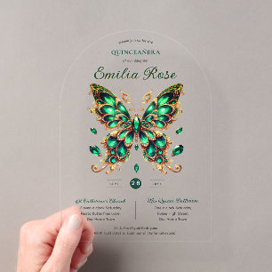 Invitations En Acrylique Douze Ans Papillons QUINCEANERA Émeraude Vert Or
