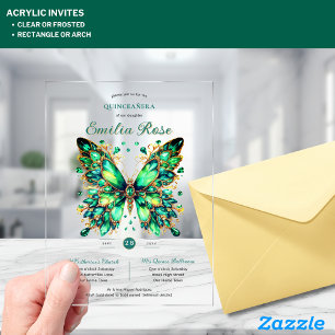 Invitations En Acrylique Douze Ans Papillons QUINCEANERA Émeraude Vert Or
