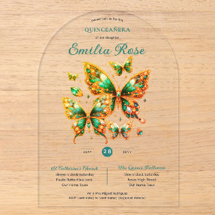 Invitations En Acrylique Douze Ans Papillons QUINCEANERA Émeraude Vert Or