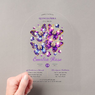 Invitations En Acrylique Douze ans papillons QUINCEANERA Violet Bleu Or